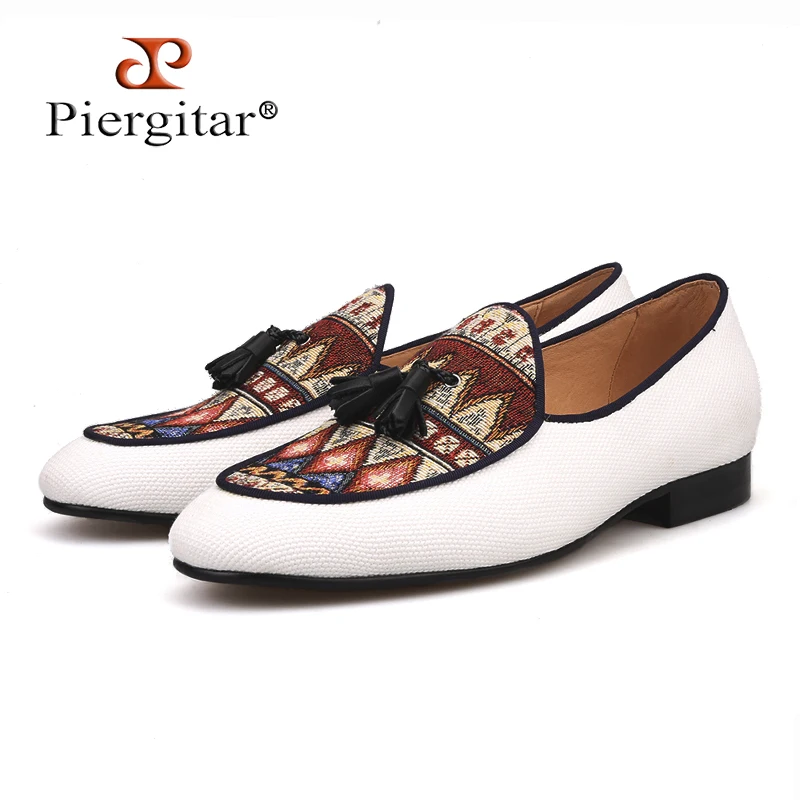 

Piergitar new designs Handcrafted multicolor BELGIAN LOAFERS in raw cotton canvas with leather tassels skin insole men's shoes