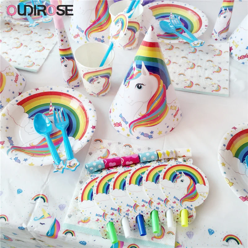 Единорог День Рождения украшения Дети одноразовые набор посуды салфетки торт