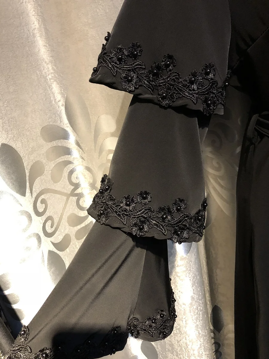 

Fashion Embroidery Black Abaya Beading Muslim Girl Long Dress Turkish Women Clothing Burqa Dubai Arab Djellabawith Belt 0341