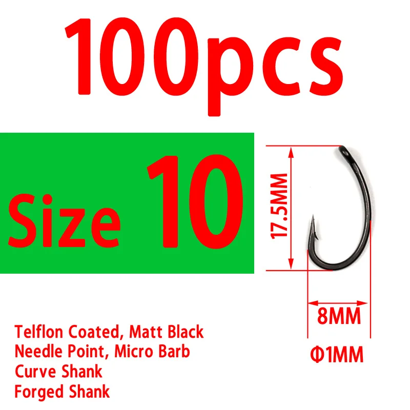 100pcs size 10 Bimoo 100 шт./упак.#2#4#6#8 тельфлон кривой Карп рыболовные крючки Высокое качество матовый черный хлопает вверх дном приманки крючок для ловли карпа - Цвет: 100pcs size 10