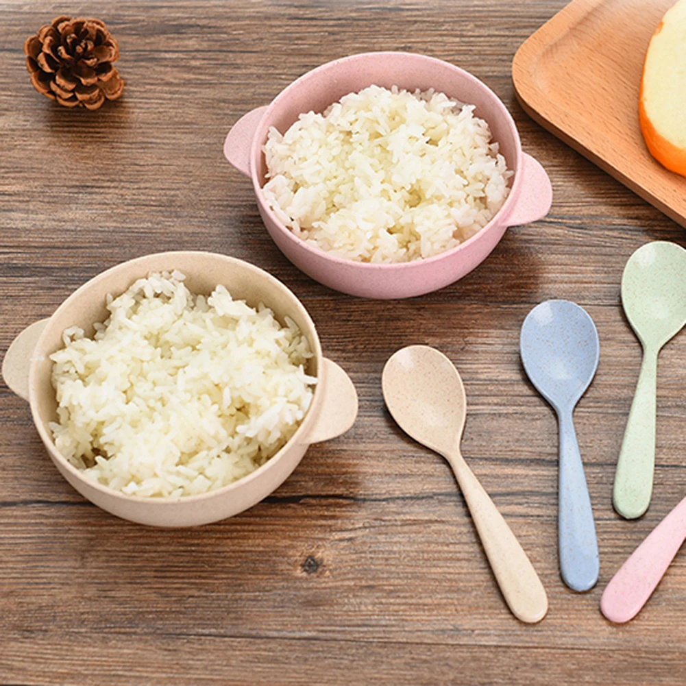 Пшеничная соломенная миска с ложкой, пластиковая миска для салата, лапши, супа, миска для кормления ребенка, обеденная посуда, домашний контейнер для еды