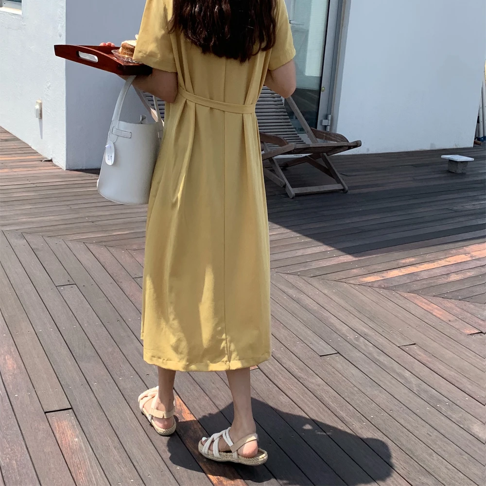 Корейское женское летнее Сексуальное желтое длинное платье-рубашка с зубчатым воротником, женское платье с поясом, женское платье, Ete Kleider Damen Jurken