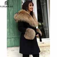 fursarcar natural winter fur jacket with fur hood women fashion luxury cashmere long coat 2020 new black raccoon fur collar coat