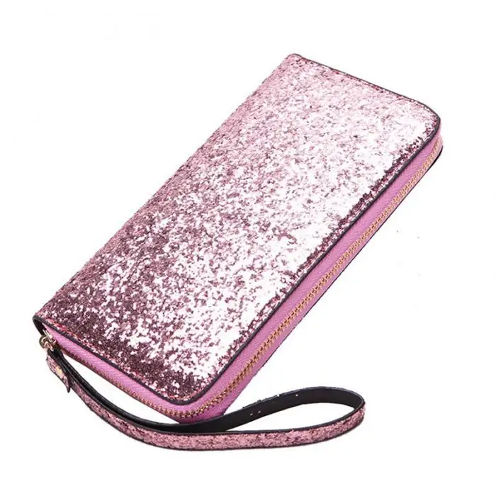 Hot Selling Women Long Wallet Sparkly Sequins PU Leather Bag Hand-held Phone Card Holder-B5
