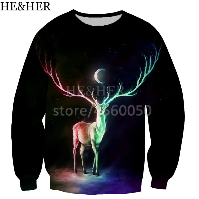 

New design animal deer funny 3D harajuku color printed sweatshirts unisex hip hop style streetwear casual sweatshirt top
