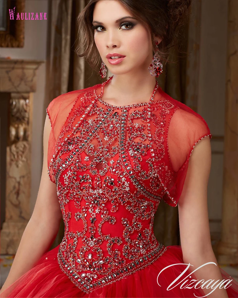 Waulizane 2017 Новый Прибытие Люкс Кристалл С Курткой Красный Quinceanera Платья Sexy Спинки