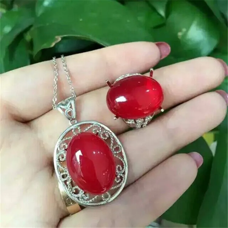 KJJEAXCMY boutique jewels 925 чистый Серебряный декор натуральный красный нефрит медулла кольцо+ кулон 2 шт. набор с сверлом-капельное растение sunfl