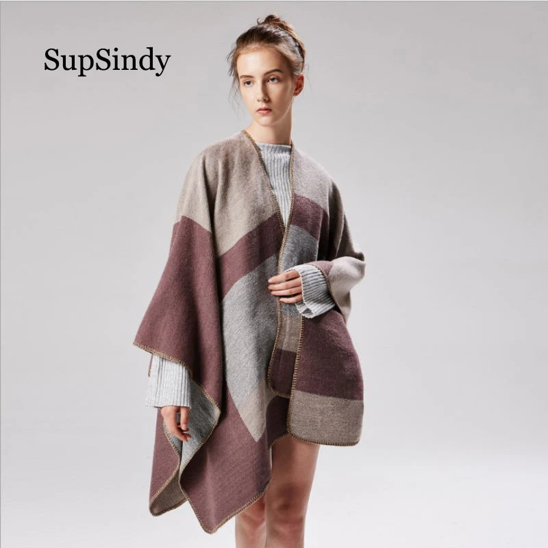

SupSindy women's poncho Winter scarf cape irregular Stripe shawl wrap luxury Pashmina warm scarves for women cloak vintage stole