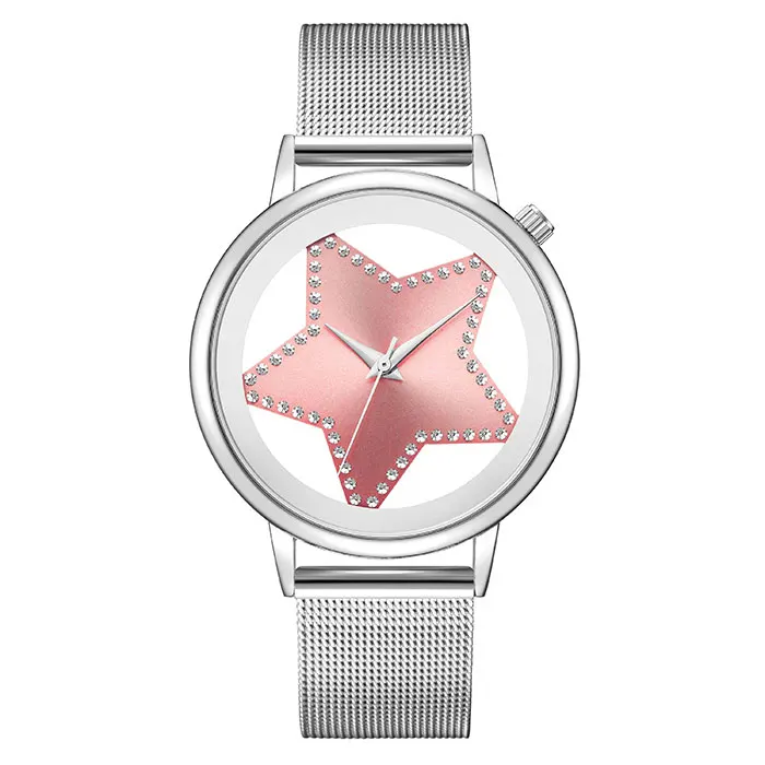 S-Silver Pink GEEKTHINK Роскошные Кварцевые часы Женские Модные стальные в форме звезды, со стразами полые аналоговые круглые Relogio Relojes Mujer Дизайнерские наручные часы - Цвет: S-Silver Pink