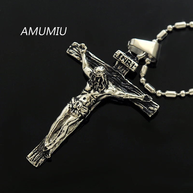Wholesale HZP164: AMUMIU Biker Jewelry for Men - 316L Stainless Steel Pretty INRI Crucifix Pendant Necklace image 4