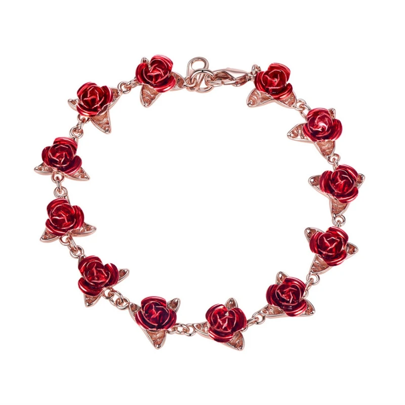 Rose gold color Горячая Распродажа, браслет с красными розовыми цветами, золотая цепочка на запястье, подарок на День святого Валентина для женщин, модные ювелирные изделия, браслеты - Цвет: Rose gold color