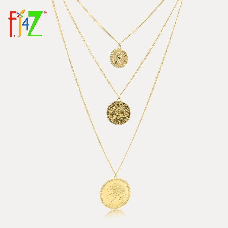 

F.J4Z Golden Alloy Round Pendant Necklace for Women Simple Female Long Chain Coin Layered Necklace Collier 2018 Wholesale