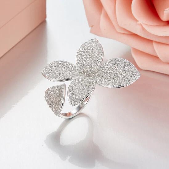 Роскошные AAA кубического циркония Micro Pave открытым кольца Установка цветок кольцо для женщин дамы обувь девочек роза кольца золотистого цвета Bague CR2034L
