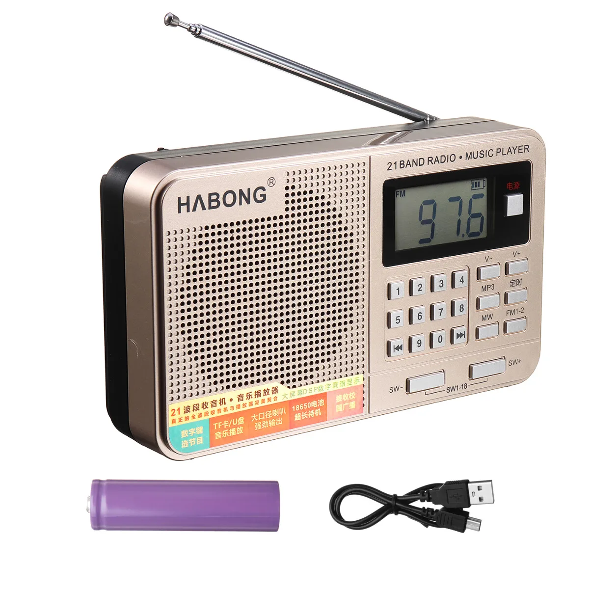 Портативный радио FM/AM/SW 21 полосы цифровой выбор ключа Мини Телескопическая антенна карманы MP3 TF USB приемник динамик открытый