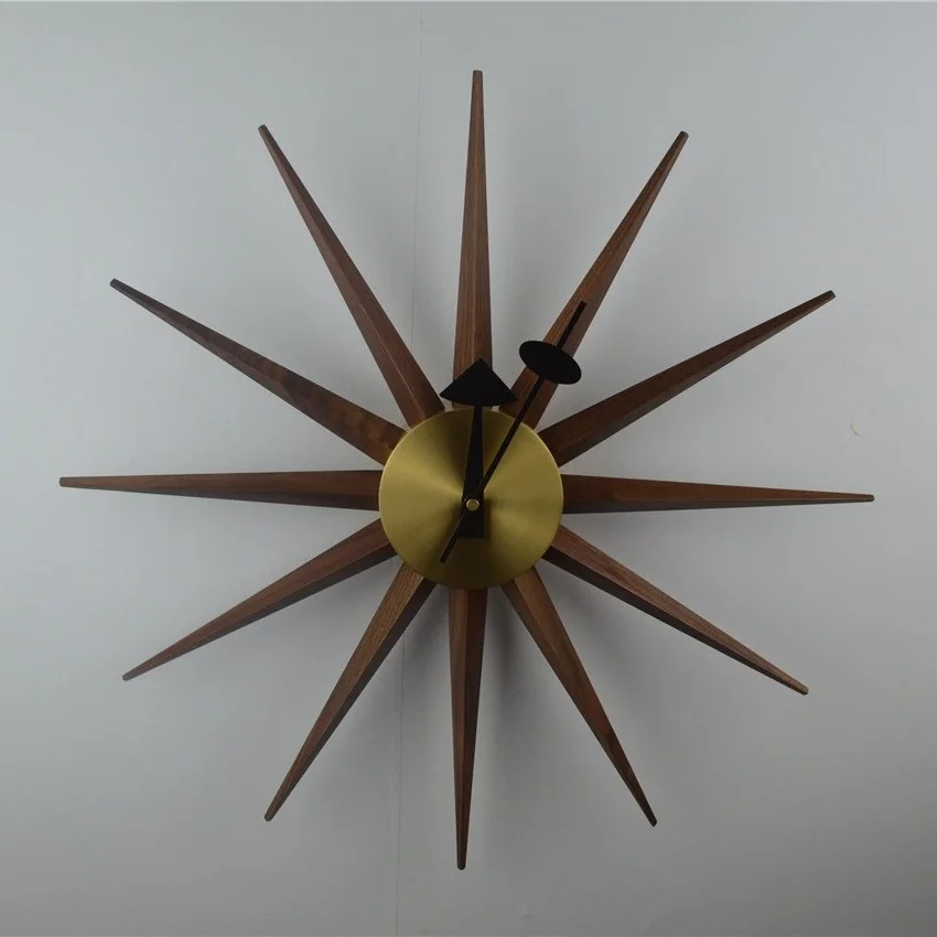 Дизайнерские часы Starburst Wall Clock 47CM/Slience Brass & SolidWalnut Wooden/оптовая продажа|modern wall|walnut