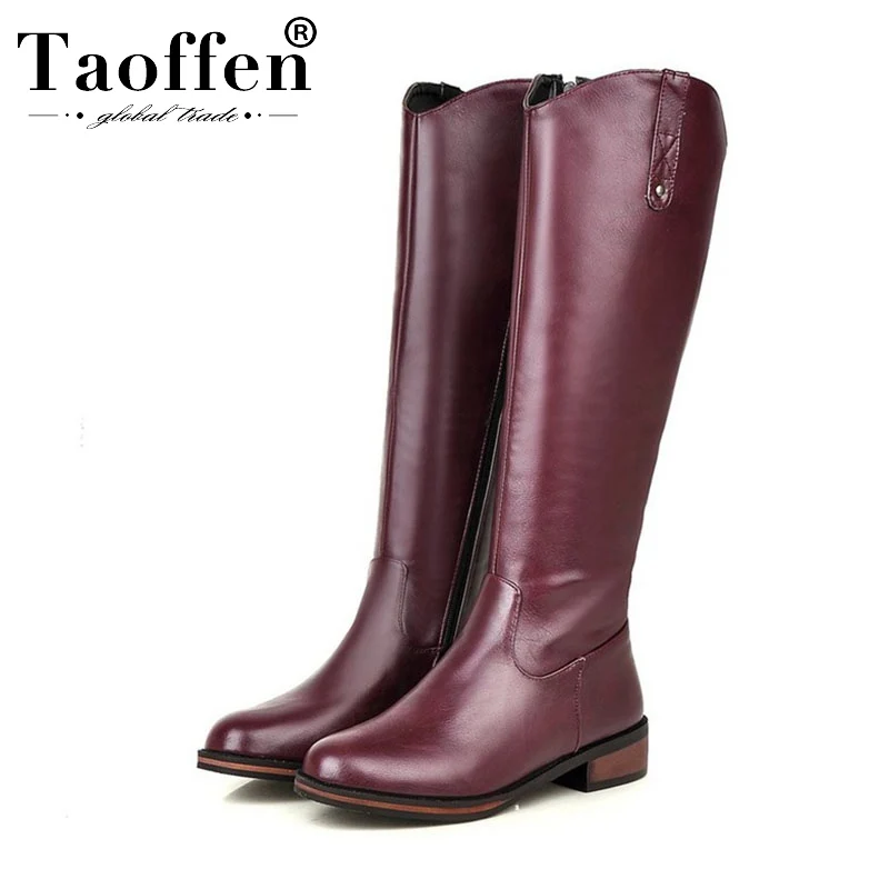 Taoffen Side Zipper Women Knee High Boots Round Toe Solid Color Flats Shoes Winter Warm Pu Leather Footwear Size 32-43 | Обувь