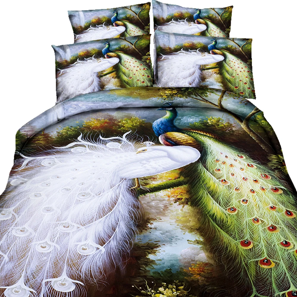 Queen Size Bedding Set- Flawless Peacock Feathers Wolf Painting Duvet Cover Set Bedspread for Childrens Kids Teens Adults | Дом и сад