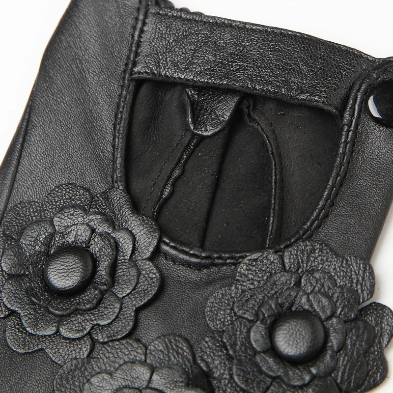 New Female 100% Pure Real Leahter Flower Thin Half Finger Cool Gloves Women Driving Riding Semi-Finger Sports Fitness Luvas | Аксессуары