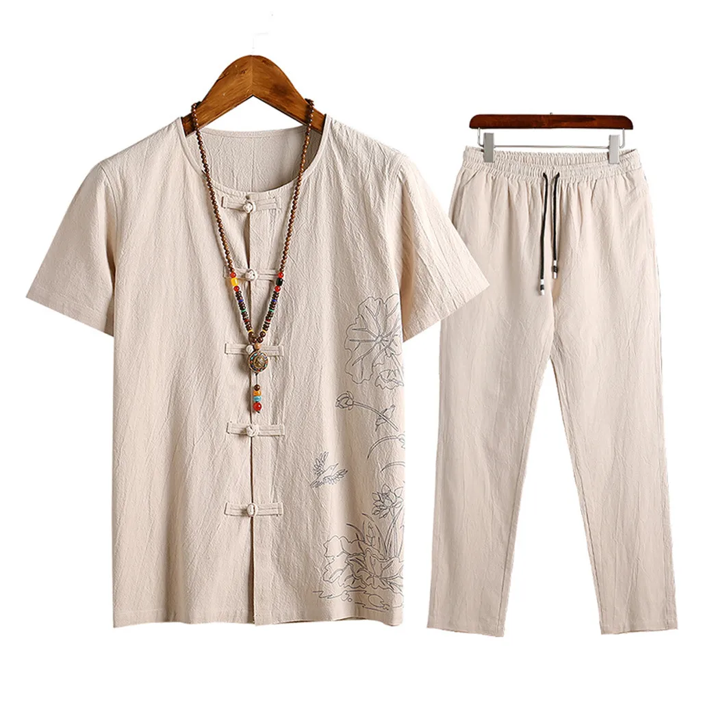 Новые мужские льняные комплекты из 2 предметов с коротким рукавом летние модные