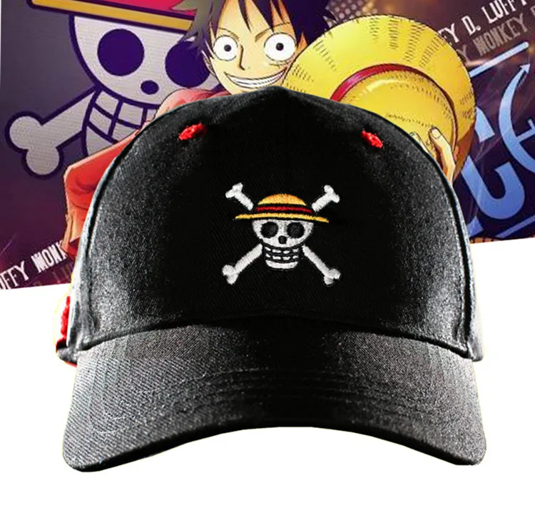 

One Piece Pirate Skull Logo Embroidered Topee Snapback Hat Black Baseball Cap