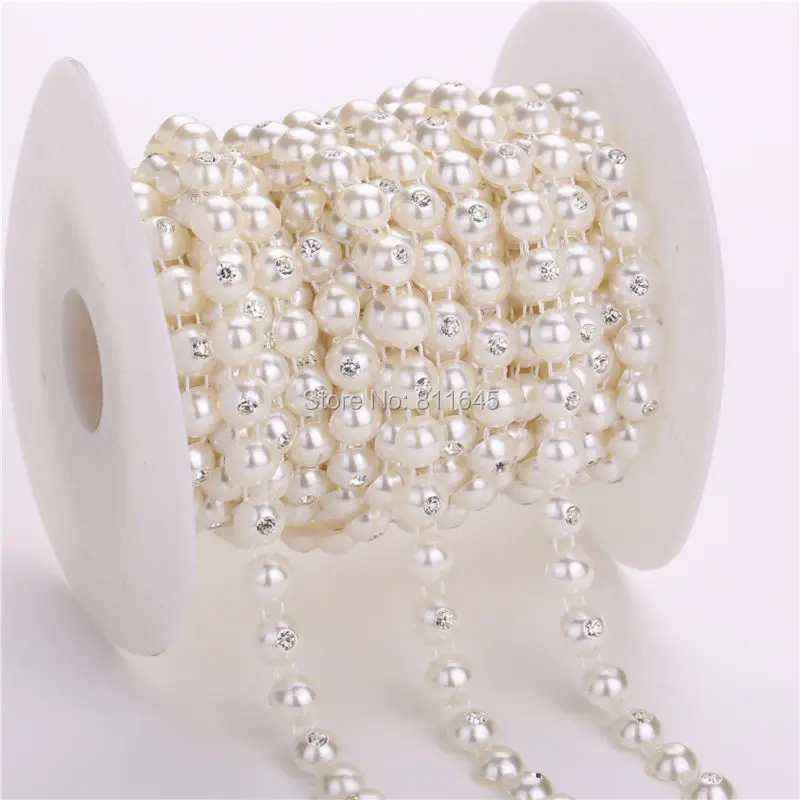 

10yards/lot 8mm Pearl Crystal Rhinestone chain Trims Sewing Costume Applique Diy jewelry/ wedding accessories, beads chain