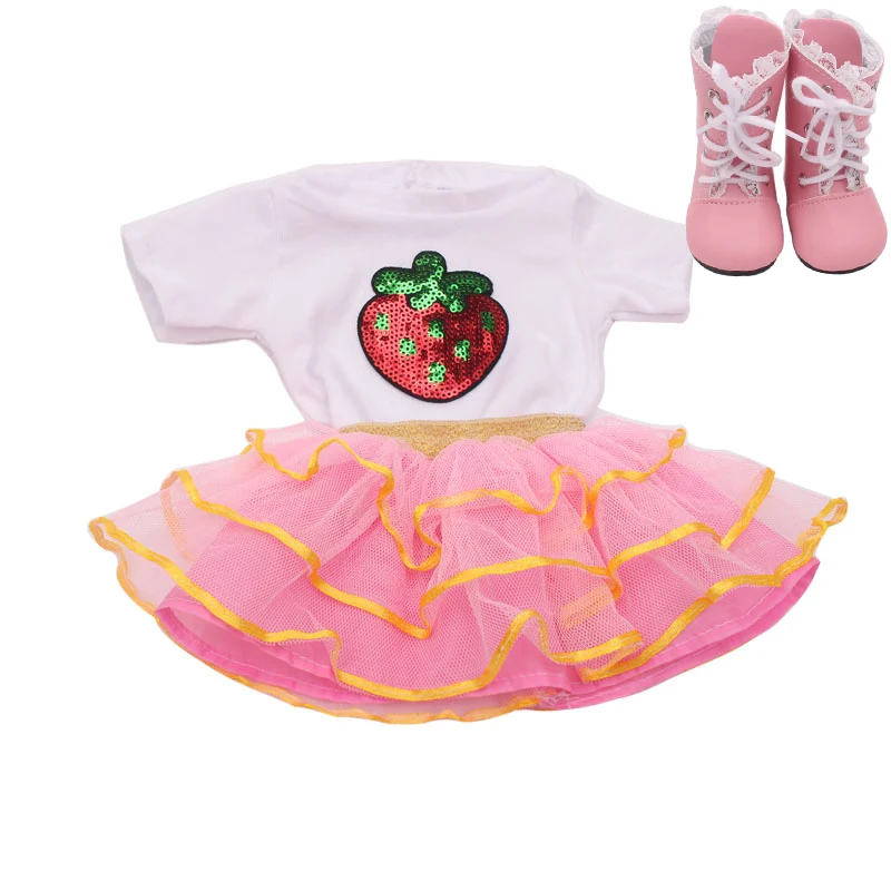 Pink 18 дюймовая кукольная одежда для девочек, повседневный костюм, кружевная юбка, футболка с обувью, американское платье для новорожденных, детские игрушки, подходят для 43 см, детские куклы c52 - Цвет: Pink