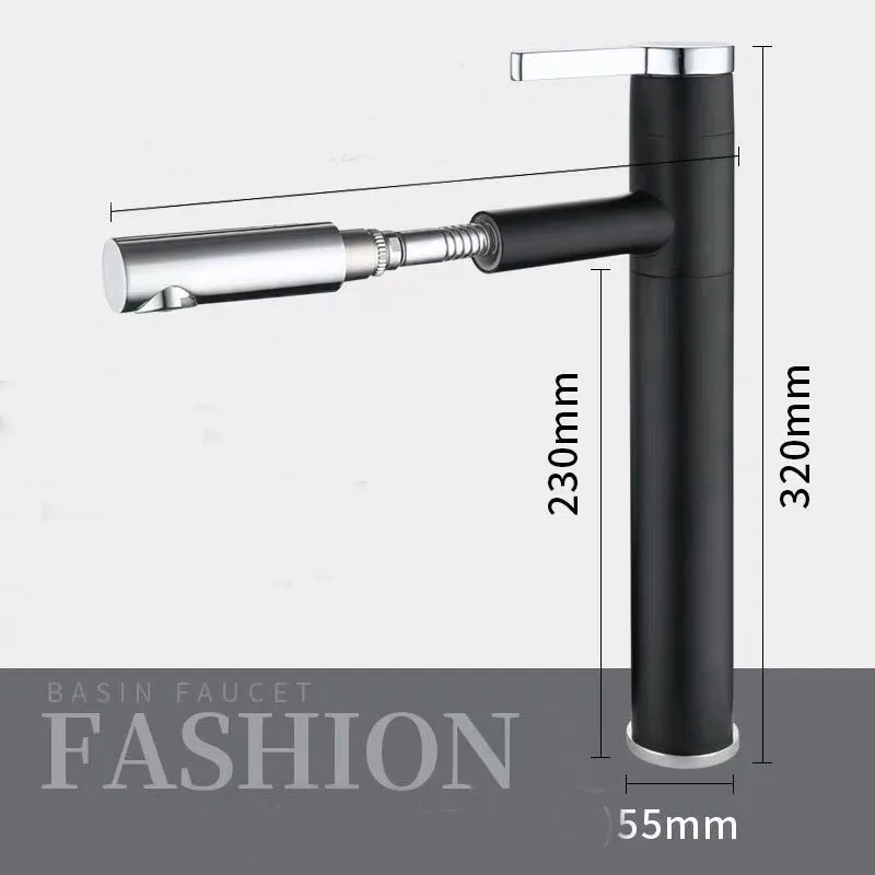 Black chrome pull Смеситель для горячей и холодной воды, вращающийся на 360 градусов кран для ванной, высокий кран для раковины, вытяжной кран ELF11077 - Цвет: Black chrome pull
