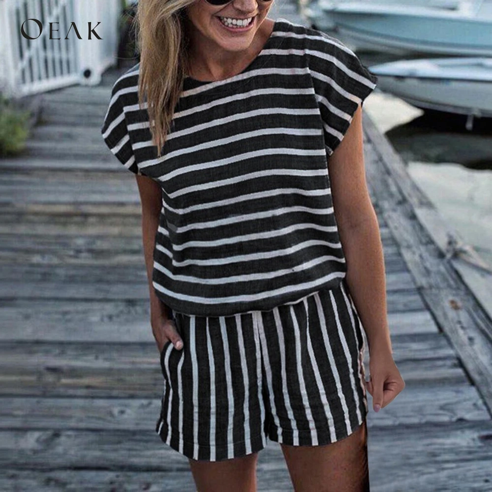 OEAK повседневные с коротким рукавом женские костюмы летние полосатые Лоскутные