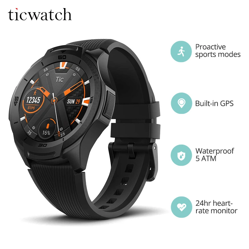 Смарт-часы Ticwatch S2 с Bluetooth, Wi-Fi, ОС Google, фитнес, умные часы для активного отдыха, 5 АТМ, водонепроницаемые, gps часы
