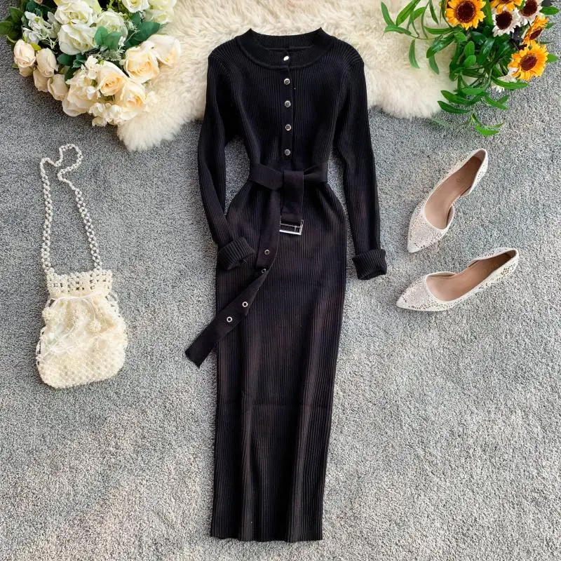 Женское трикотажное платье ALPHALMODA однобортное с длинным рукавом и поясом