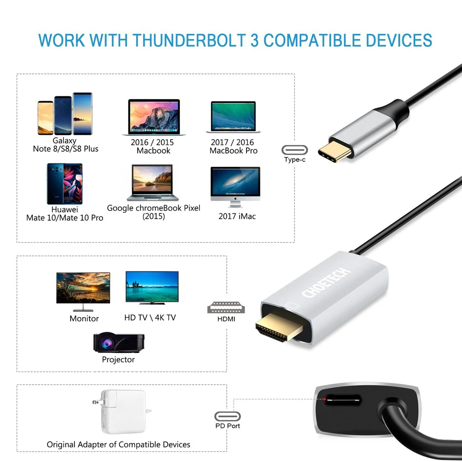 CHOETECH USB Type c 3 1 HDMI кабель адаптер Thunderbolt Тип C к конвертер для MacBook Samsung S8 note8 Huawei Mate 10| |