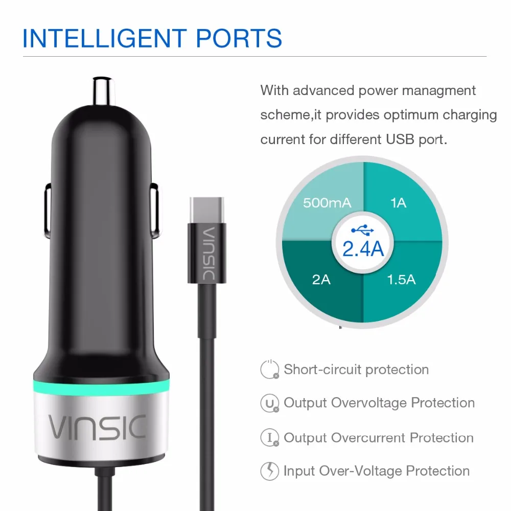 Vinsic Type-C автомобильное зарядное устройство 27 Вт двойной USB 1 м кабель
