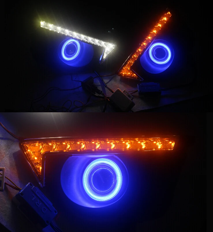 

COB Angel Eye daytime running light with yellow turn signals + halogen Fog Light with Projector Lens for honda fit 2014, 2 pcs