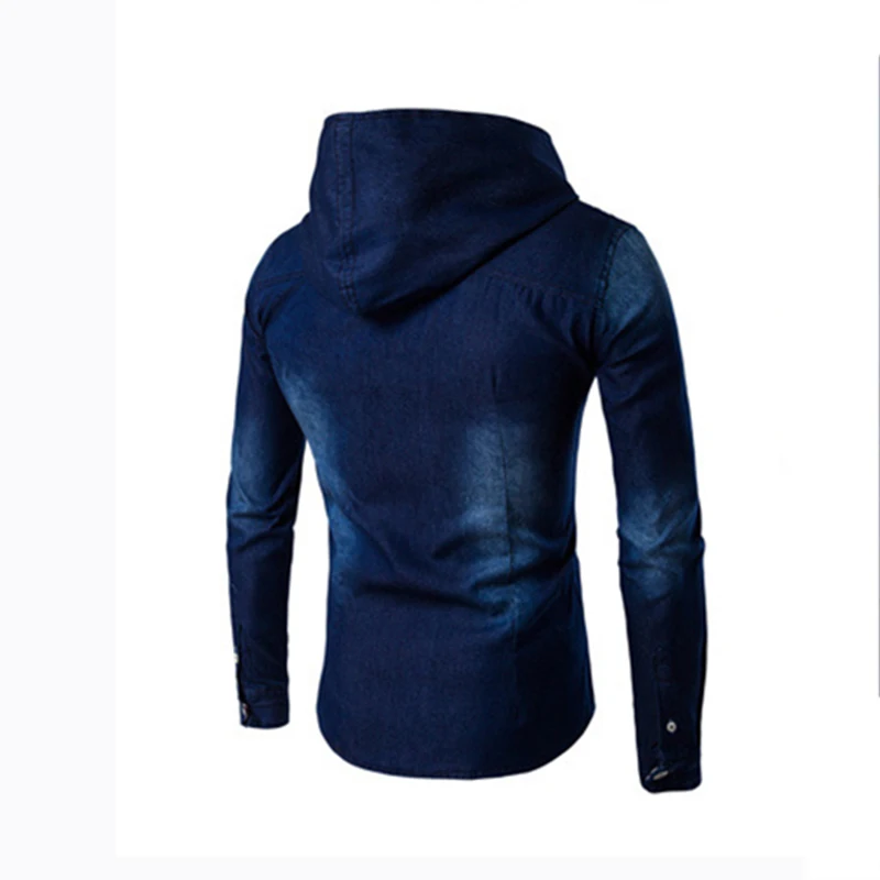 Мужское джинсовое пальто с капюшоном однотонное синее в стиле бойфренда для