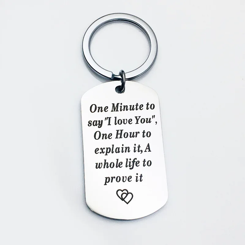 Fashion Jewelry Custom Stainless Steel Dog Tag Couple Keychain Engraved One Minute to Say I Love You keyring For Valentine Gift | Украшения