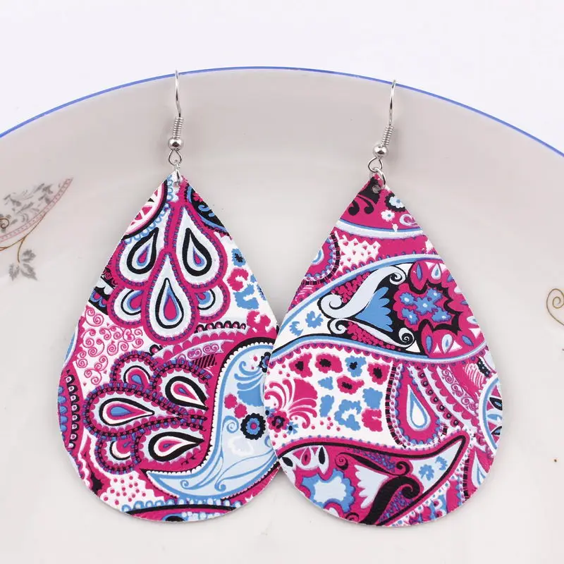 

ZWPON 2019 New Large Print Paisley PU Leather Teardrop Earrings for Women Fashion Jewelry Wholesale