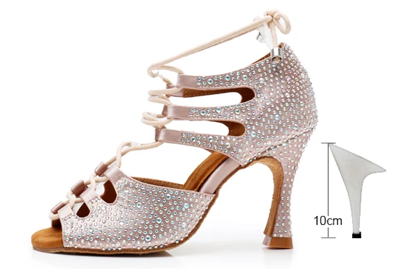 skin heel 10cm DILEECHI/Женская обувь для латинских танцев; Атласная блестящая обувь для танцев; большие и маленькие стразы; Каблук-клеш 9 см; узкая стопа; регулировка ширины - Цвет: skin heel 10cm