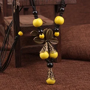 YELLOW BEADS Китайское традиционное керамическое ожерелье с бабочкой и листьями желтого цвета, плетеные этнические керамические ювелирные изделия ручной работы, винтажные подвески, ожерелье - Окраска металла: YELLOW BEADS