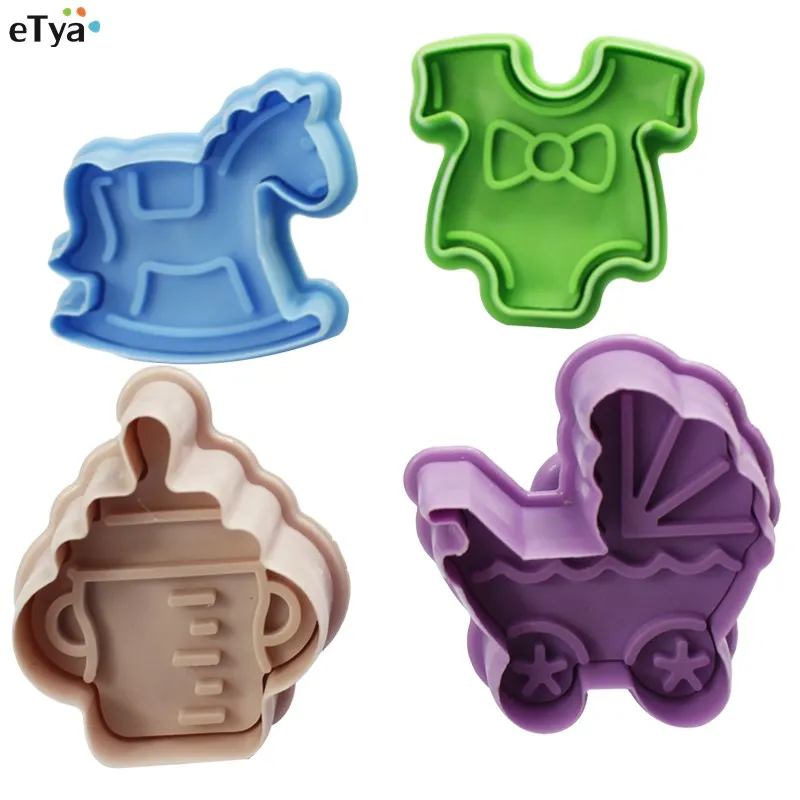 

4pcs cookie stamp Baby Toys 3D Baby Stroller Trojan Bottle Cookies Mold Biscuit Stamp Gift Toast Mold Fondant Decorating Tools
