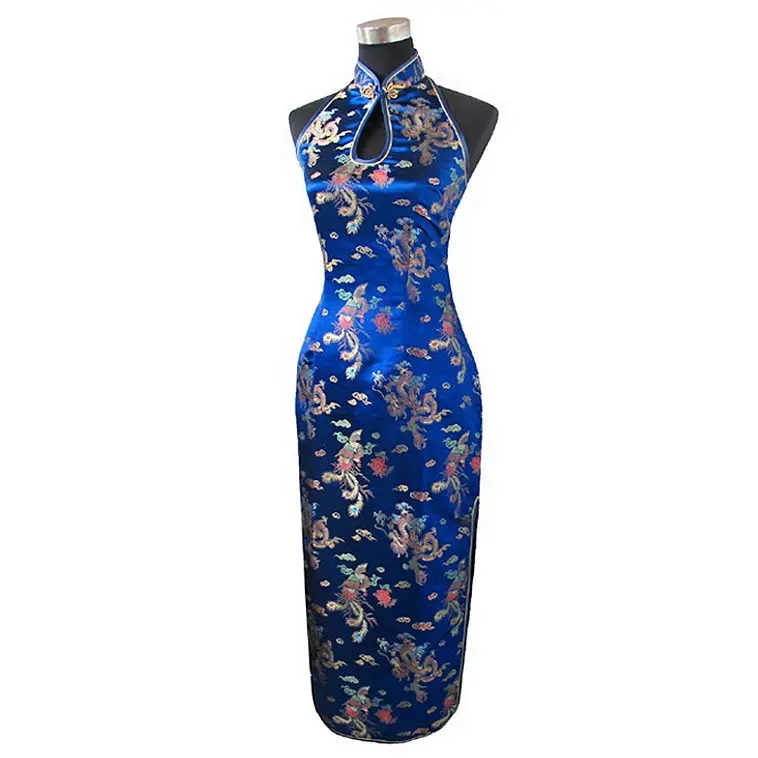 Женское платье чонсам светло синее с открытой спинкой Размеры M L XL XXL XXXL J3403|dress