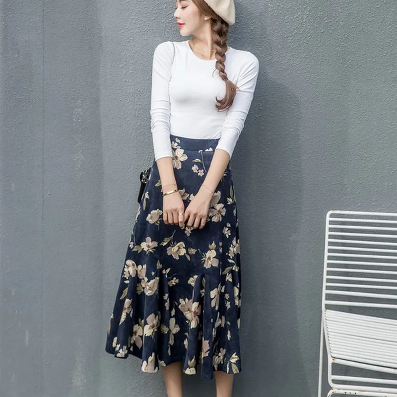 EXOTAO Floral Printed Long Saia Female High Waist Elegant Midi Ladies Skirts Ruffle Hem A-Line Warm Faldas Mujer Fashion Winter | Женская