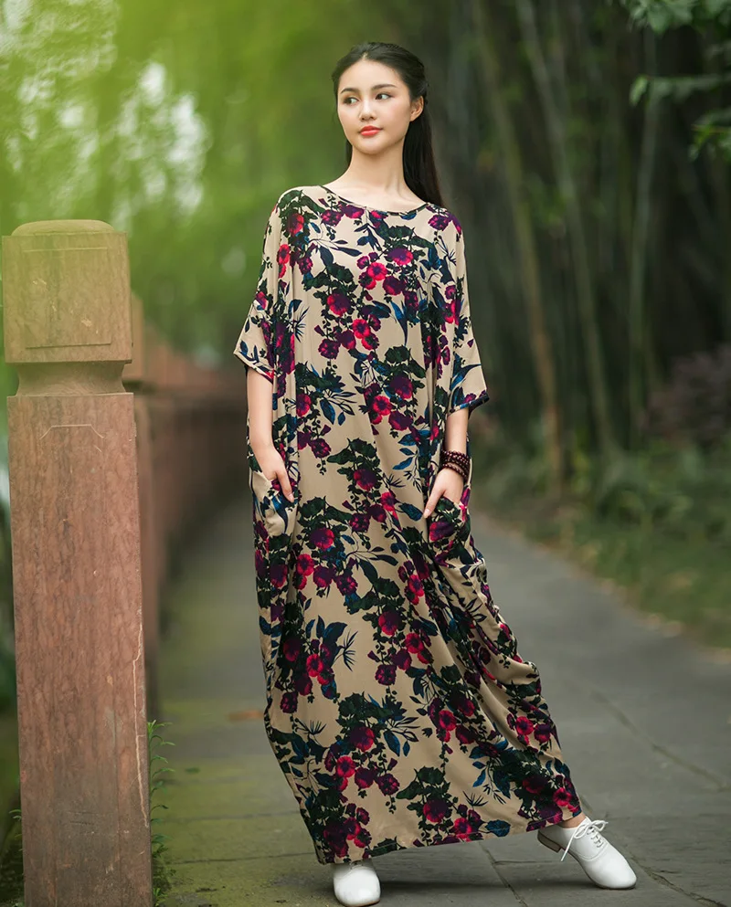 Women's Loose Casual Soft Cotton Plus Size Bat-sleeve Vintage Floral Print Bohemian Long Robe Dresses | Женская одежда