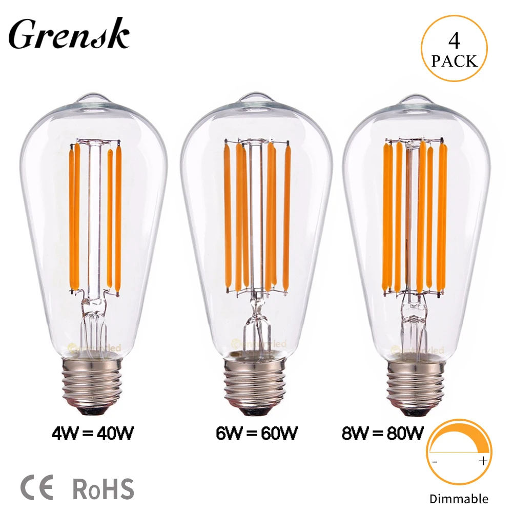 Grensk ST64 E26 E27 светодиодный светильник 4 Вт 6 Вт 8 Вт винтажная Светодиодная лампа длинная лампа накаливания ультра теплая 2200 к Диммируемый светодиодный светильник s украшение