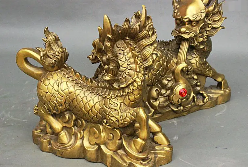 10 &quotКитайский Фэншуй Чистая Латунь Дракон Kylin Единорог Косы RuYi Тыква Статуя Пара
