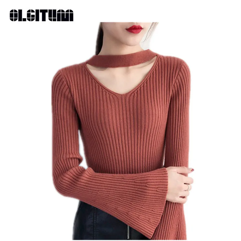 

New 2020 Autumn Winter Women Knit Sweater 3 Colors V-Neck Solid Flare Sleeve Knitwear Hanging Neck Sweater Female SW857