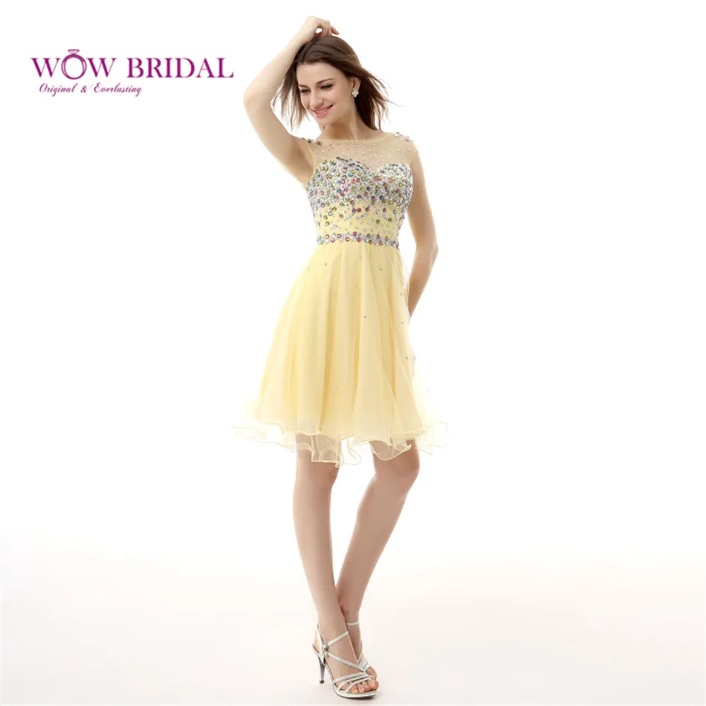 Wowbridal Yellow Chiffon Knee Length Cap Sleeves Homecoming Dress Formal Gown | Свадьбы и торжества