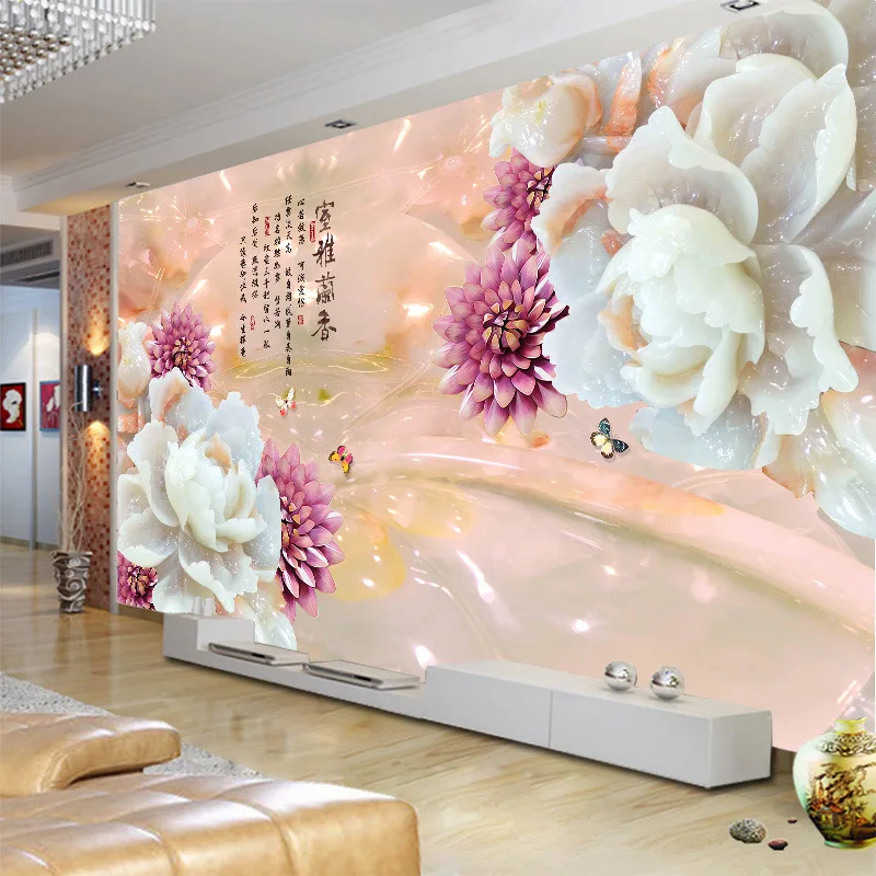 

Customized wallpaper mural Chinese style 3D handmade scenery with peony flower jade carving behind sofa as background livingroom