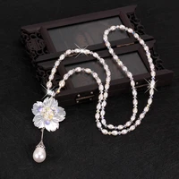 elegant shell pearl necklaces handmade flower water drop pendant long necklace tassel sweater chain crystal beads chain jewelry