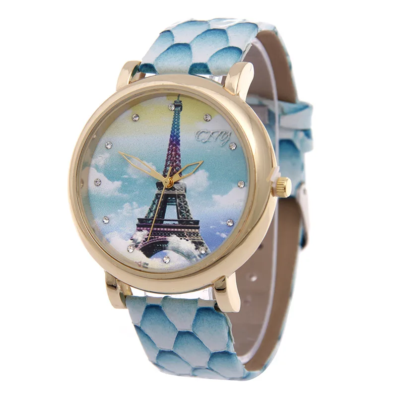 Модные 3D печать Эйфелева башня цветы Для женщин кварцевые наручные часы кожаный