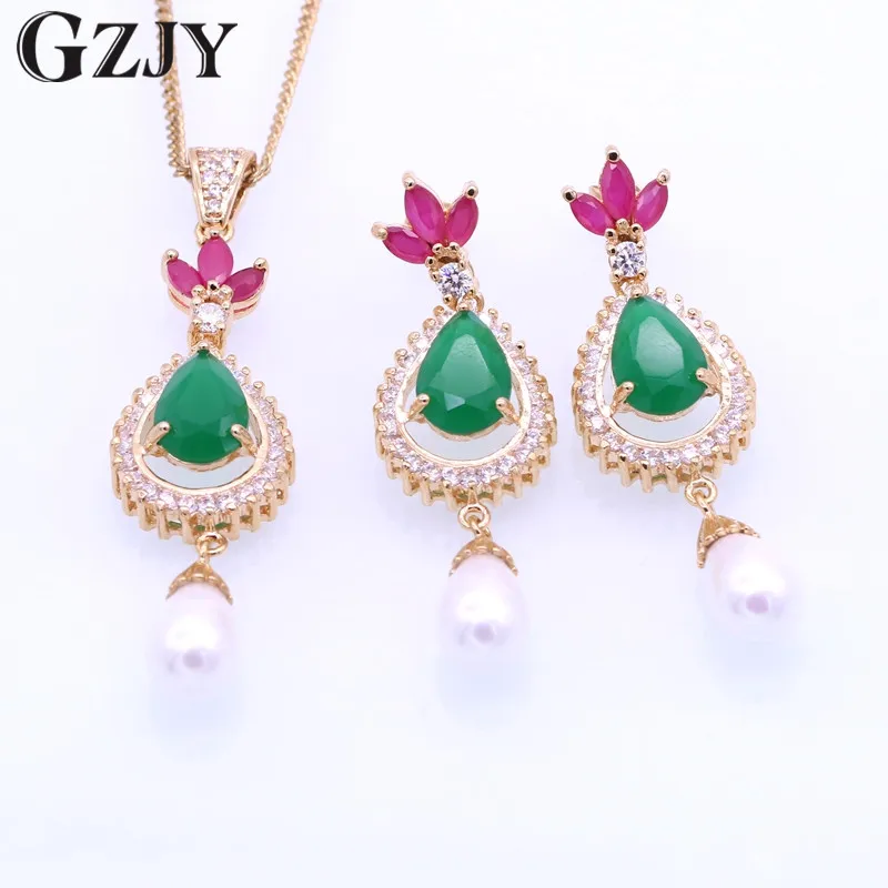 green GZJY Мода Свадебная вечеринка капли воды циркон и жемчуг кулон цепочки и ожерелья серьги набор украшений для женщин юбилей подарок bijoux - Окраска металла: green